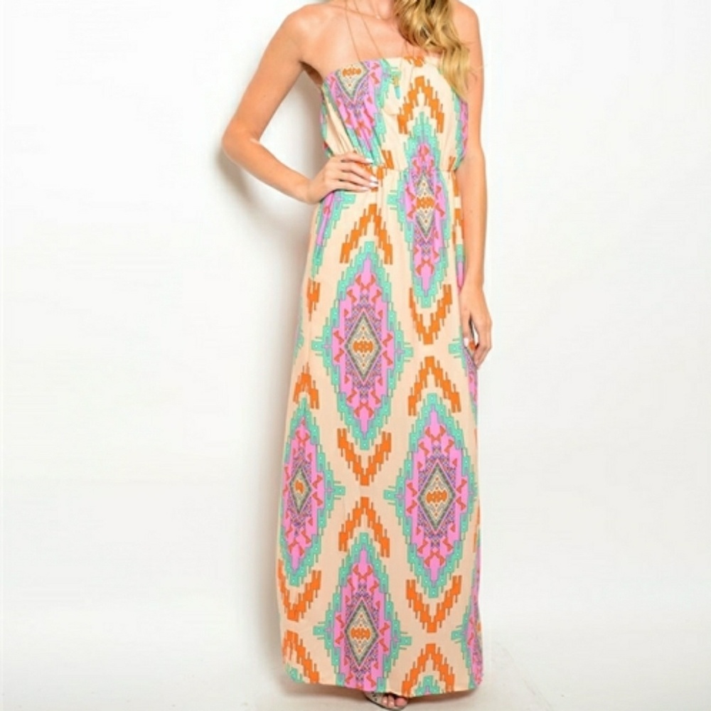 Peach Strapless Boutique Maxi Aztec Print Lined